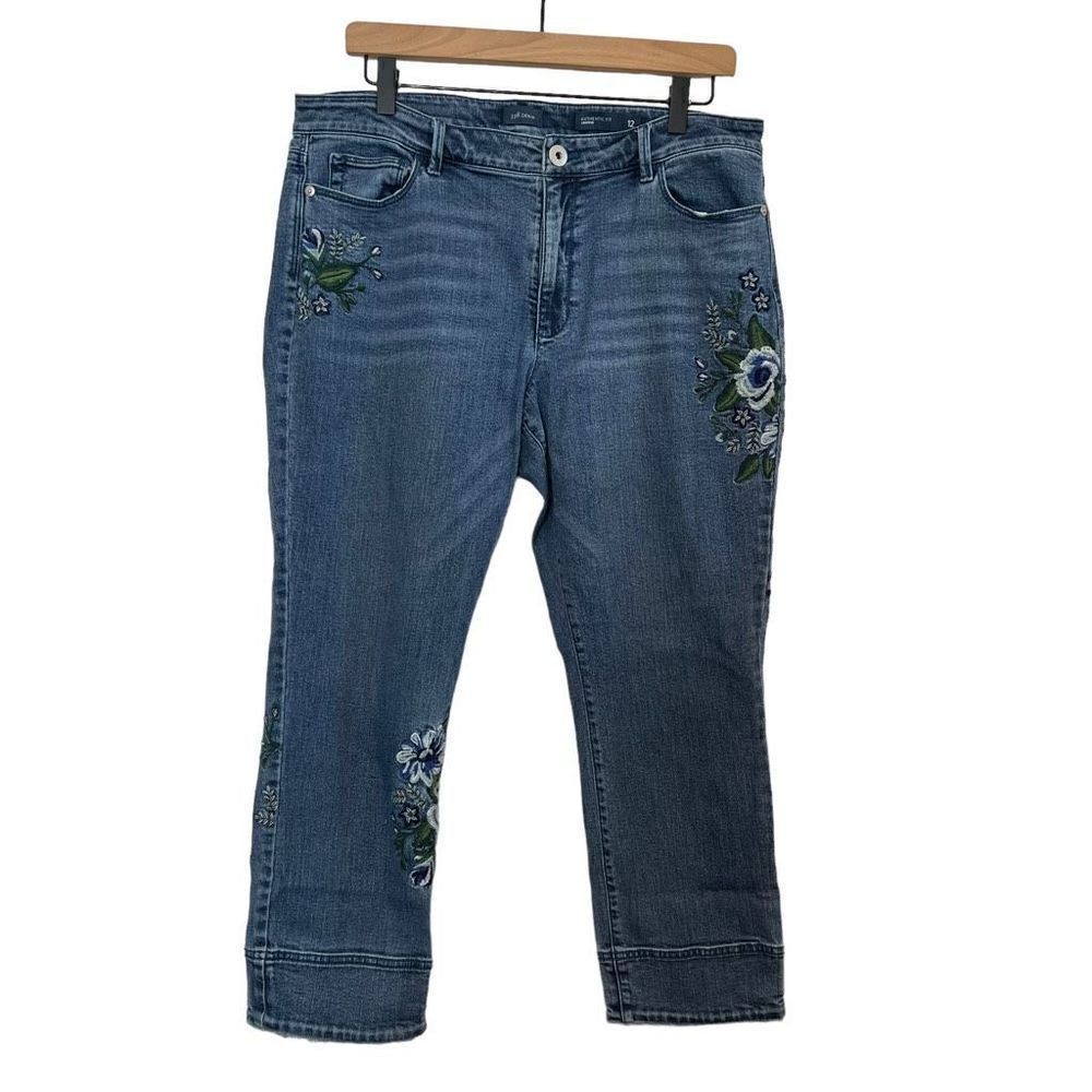 J. Jill Embroidered Jeans Cropped Authentic Fit Raw Hem Size 12